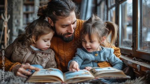 Happy Family Reading Together - Father and Daughters Enjoying Quality Time Indoors, Cozy Home Environment, Bonding and Learning