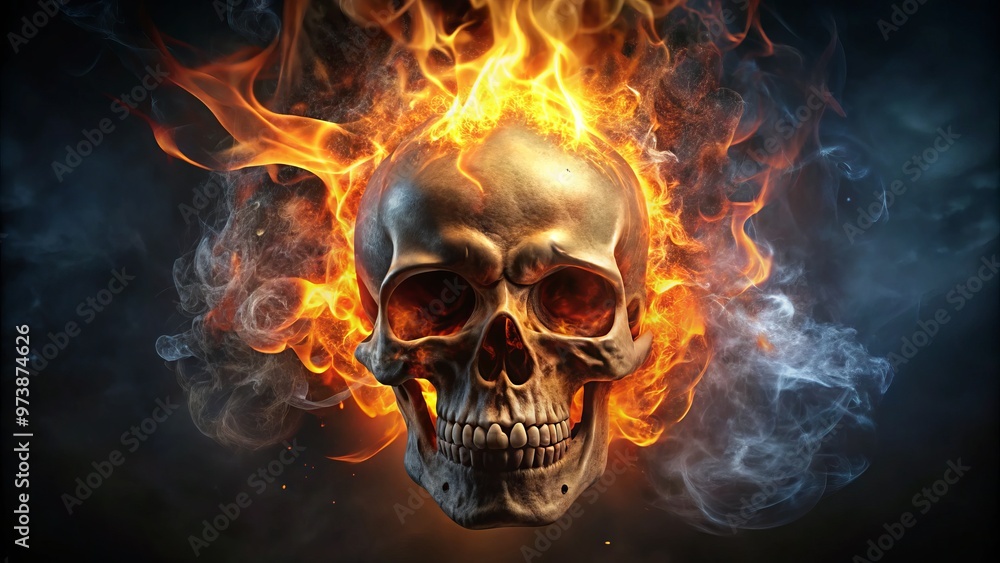 A ominous, glowing fire skull with flames engulfing its cranium, set against a dark, smoky background, evoking a A ominous, glowing fire skull with flames engulfing its cranium, set against a dark, smoky background, evoking a