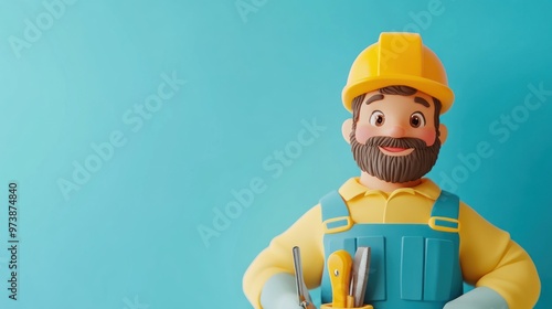 A cheerful cartoon character wearing a hard hat and holding tools, representing construction work.