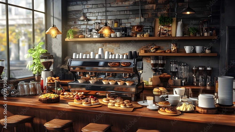 Coffee Shop Counter with Espresso Machine and Pastries Coffee Shop Counter with Espresso Machine and Pastries