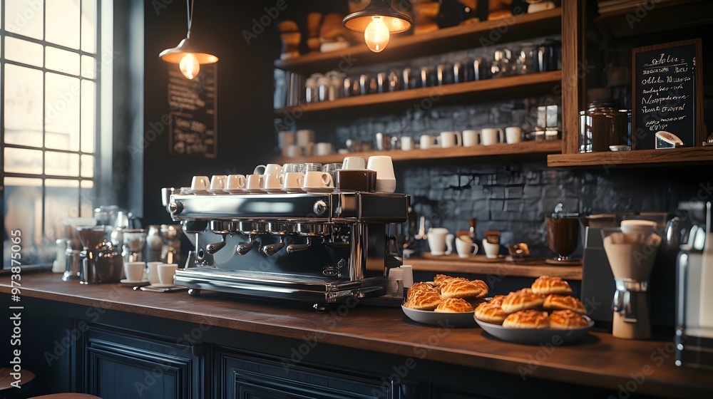 Espresso Machine and Pastries on Counter in a Coffee Shop Espresso Machine and Pastries on Counter in a Coffee Shop