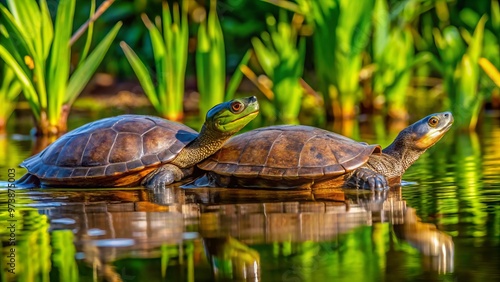 A pair of Florida soft-shelled turtles swim together in the clear turquoise waters of a serene freshwater lake photo