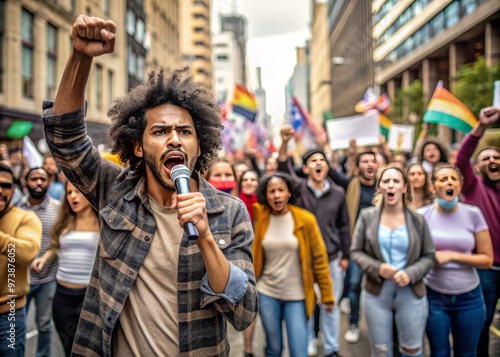 A passionate social justice warrior holds a microphone, standing on a crowded city street surrounded by diverse