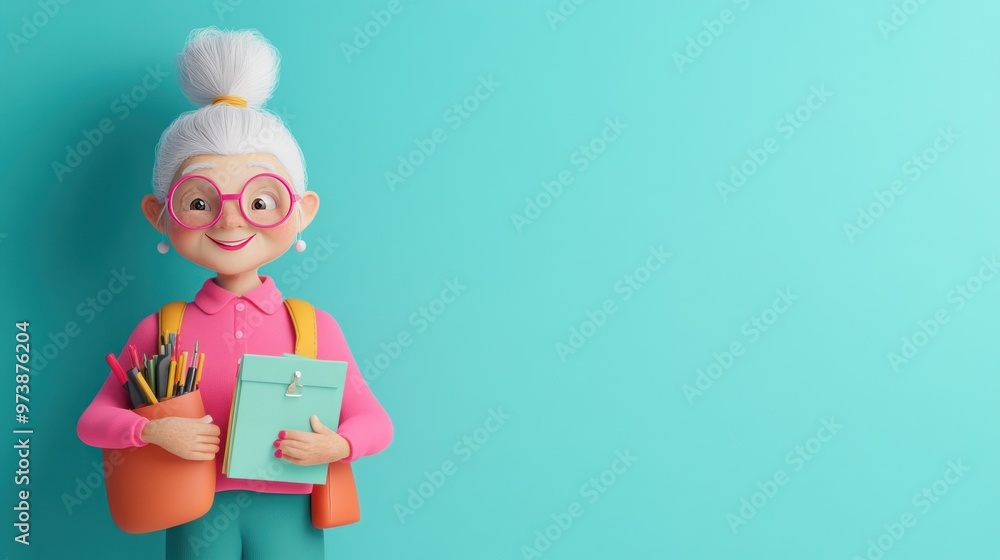 A cheerful elderly woman with glasses holds school supplies, ready for teaching. A cheerful elderly woman with glasses holds school supplies, ready for teaching.