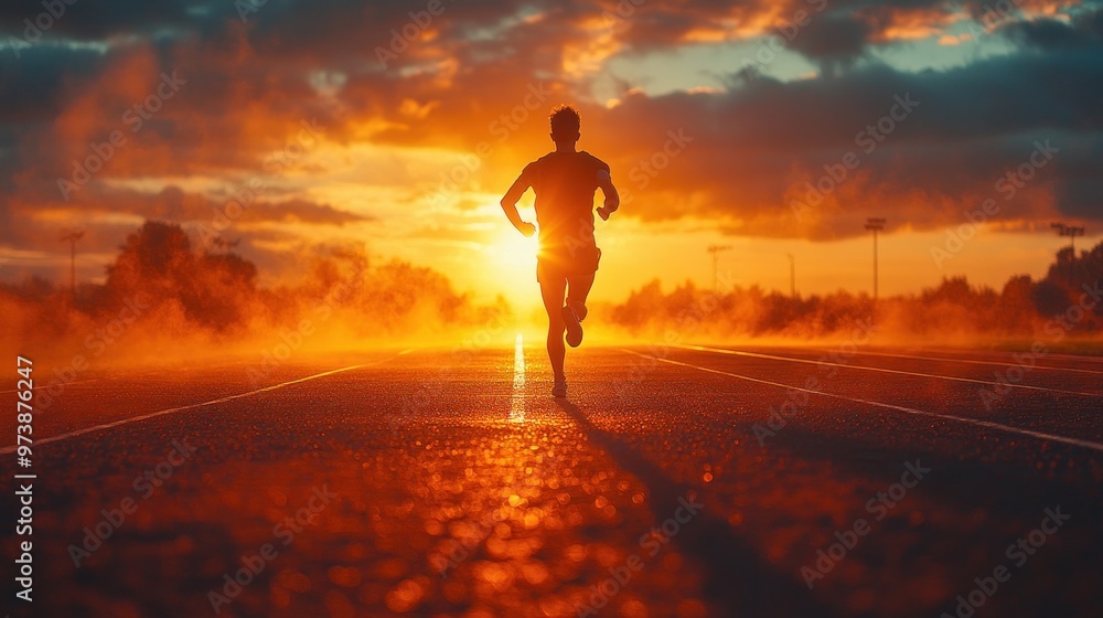 Fototapeta premium Silhouette of a runner against a vibrant sunset on a track.