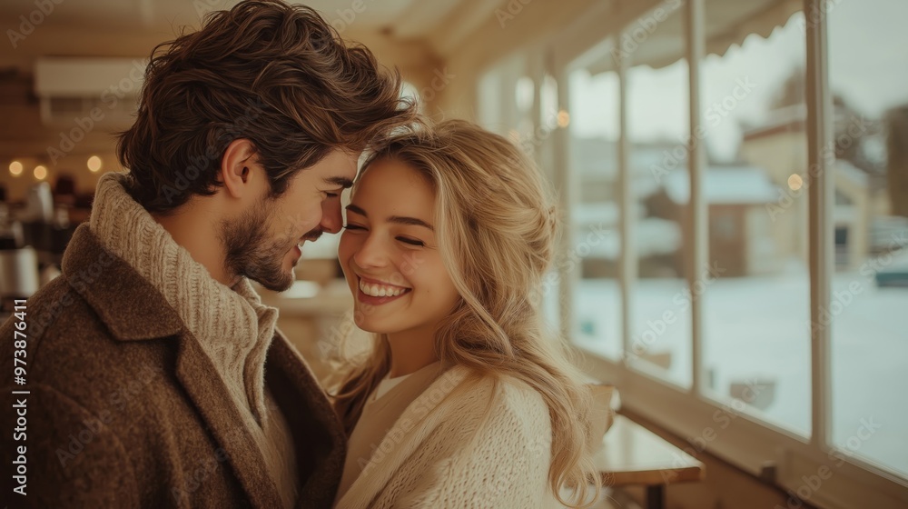 A couple standing close together in a cozy winter cafe, smiling warmly at each other, with soft light coming through the windows and a snowy outdoor scene in the background A couple standing close together in a cozy winter cafe, smiling warmly at each other, with soft light coming through the windows and a snowy outdoor scene in the background