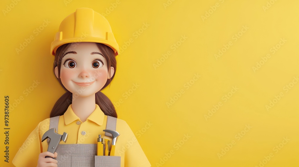 A cheerful cartoon girl in a hard hat, holding tools, set against a bright yellow background. A cheerful cartoon girl in a hard hat, holding tools, set against a bright yellow background.