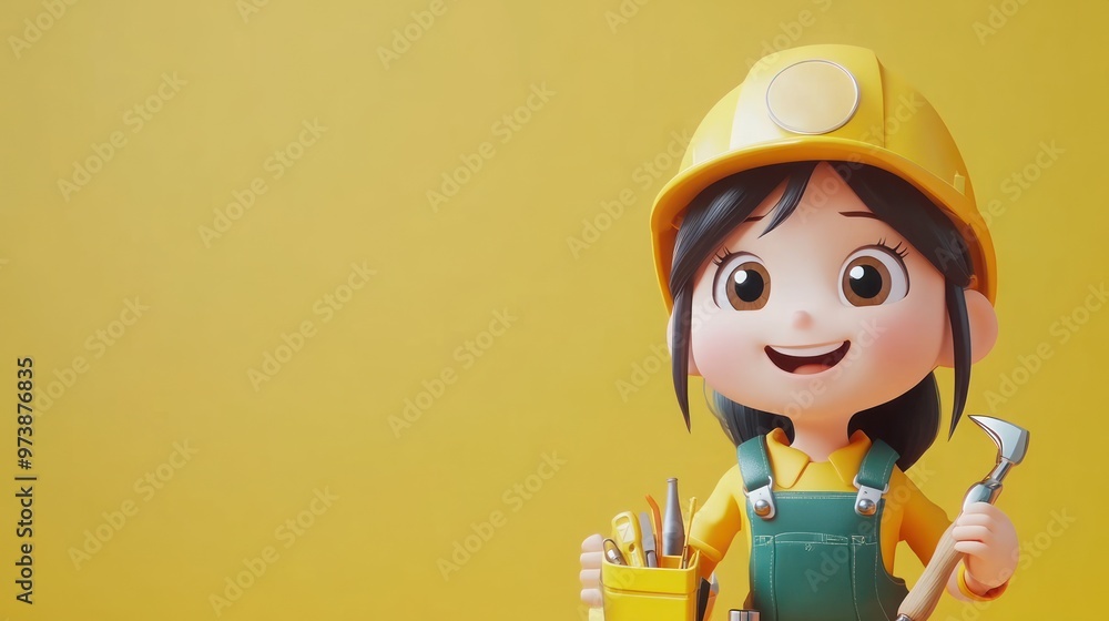 A cheerful character in a hard hat holding tools against a yellow background. A cheerful character in a hard hat holding tools against a yellow background.