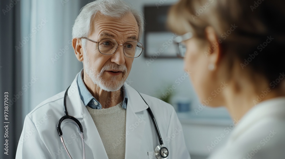 photograph of Caring man doctor talking and consult satisfied elderly female patient, doc doing regular checkup consultation to senior woman client photograph of Caring man doctor talking and consult satisfied elderly female patient, doc doing regular checkup consultation to senior woman client