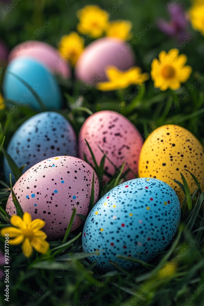 Speckled Easter eggs in pastel colors surrounded by yellow flowers on fresh grass, evoking the joy of spring and Easter celebrations with a cheerful and bright atmosphere Speckled Easter eggs in pastel colors surrounded by yellow flowers on fresh grass, evoking the joy of spring and Easter celebrations with a cheerful and bright atmosphere