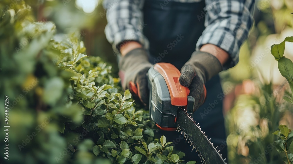 Obraz premium photograph of Close up of male gardener holding electric hedge trimmer while working on backyard. Concept of gardening and landscaping