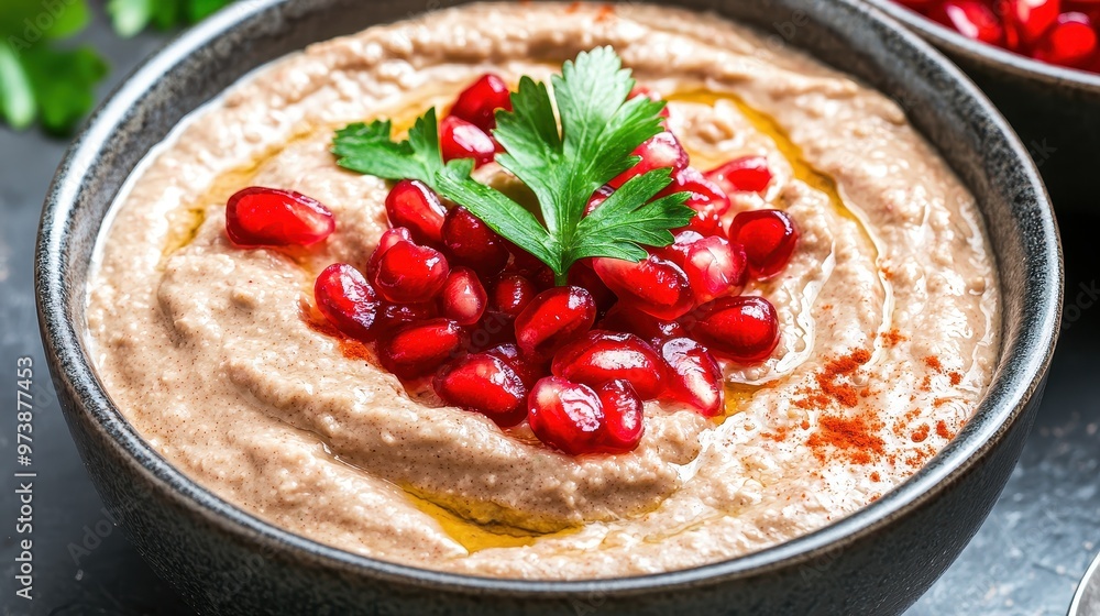 Baba Ganoush with Pomegranate Seeds and Parsley in Bowl Baba Ganoush with Pomegranate Seeds and Parsley in Bowl