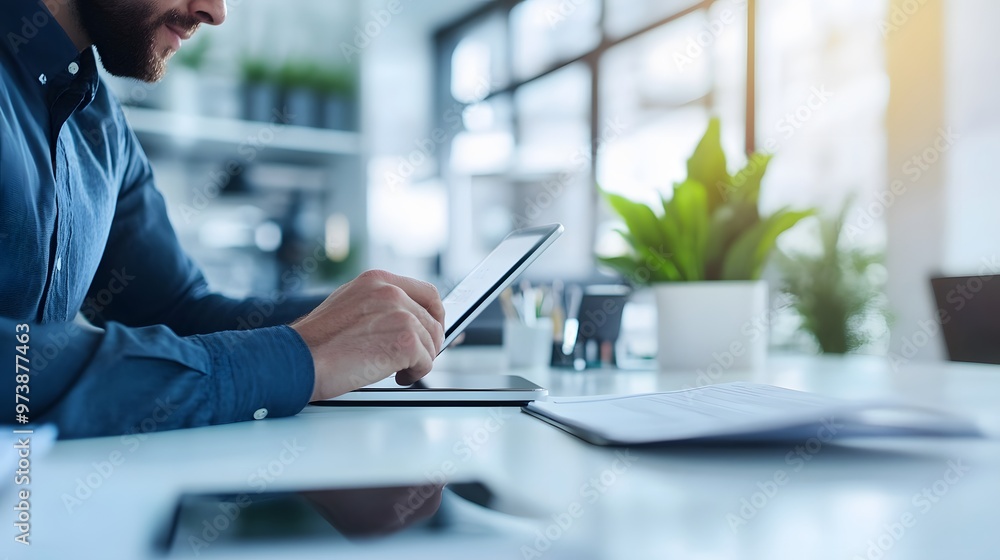 Businessman using a tablet in a modern office setting. Businessman using a tablet in a modern office setting.