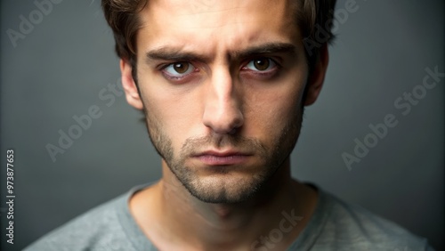 A person with a serious and neutral expression, staring directly at the camera with a flat, emotionless face,