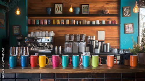 Colorful Mugs on a Wooden Countertop in a Cafe