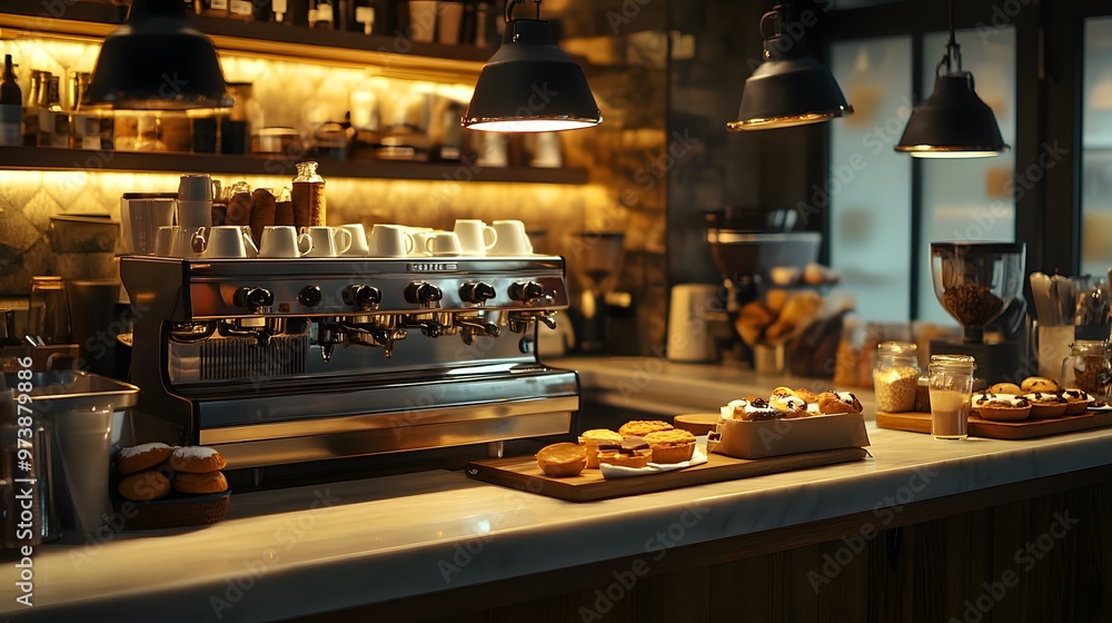 Obraz premium Coffee Shop Counter with Espresso Machine, Pastry, and Industrial Lights