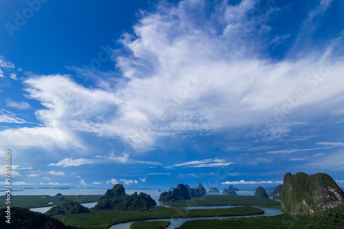 Aerial view Drone shot of Sametnangshe landscape view located in Phang-nga Thailand Beautiful sea Amazing landscape nature view photo