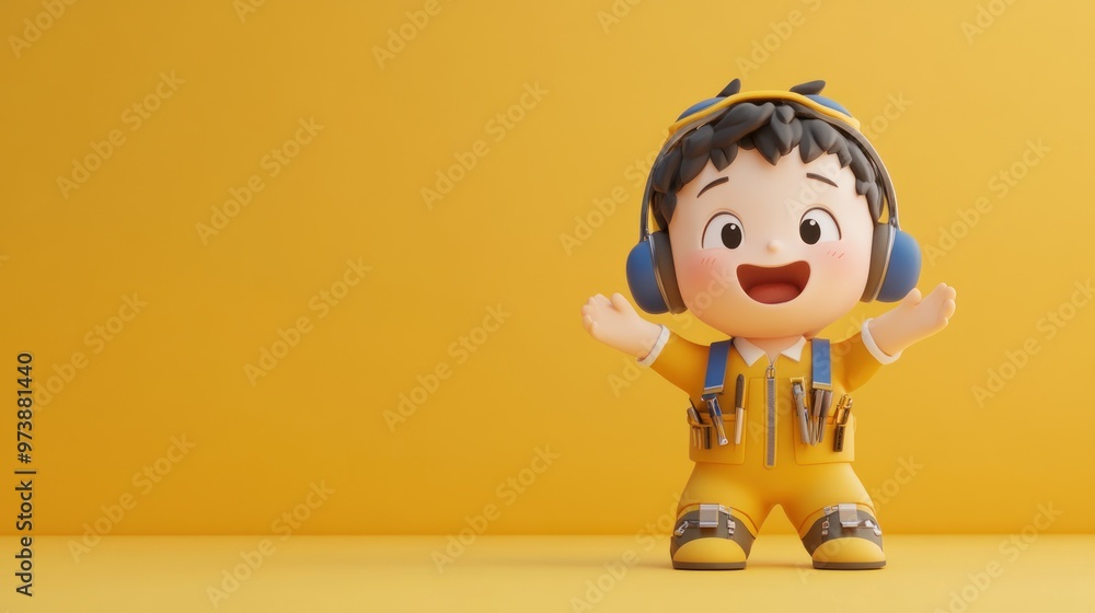 A cheerful cartoon character in a yellow outfit with headphones, ready for adventure. A cheerful cartoon character in a yellow outfit with headphones, ready for adventure.