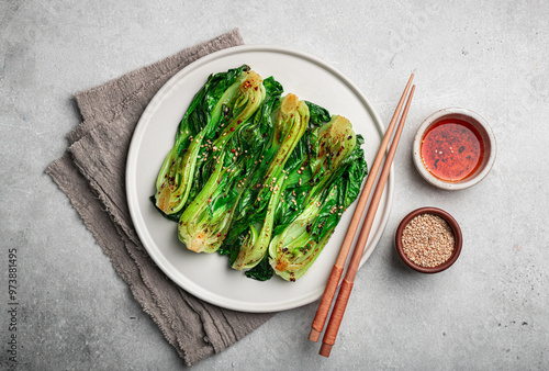 Принти на полотні Grilled Pak Choi or Bok Choy on a gray background, top view