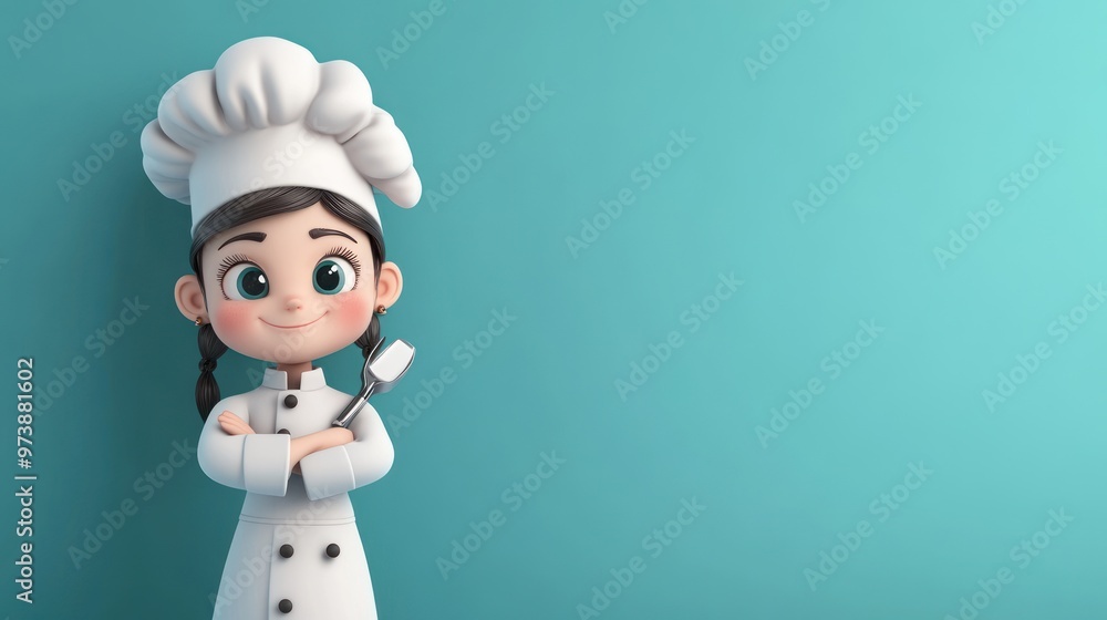 A cheerful cartoon chef stands confidently with a spatula against a light blue background. A cheerful cartoon chef stands confidently with a spatula against a light blue background.