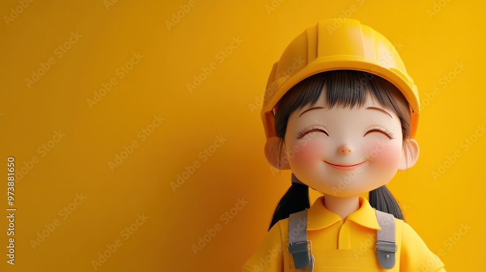 A cheerful cartoon girl wearing a hard hat and yellow outfit, smiling against a bright background. A cheerful cartoon girl wearing a hard hat and yellow outfit, smiling against a bright background.