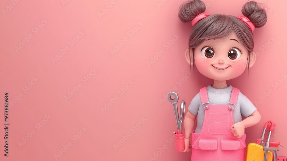 A cheerful cartoon girl in a pink outfit holding tools, set against a pink background. A cheerful cartoon girl in a pink outfit holding tools, set against a pink background.