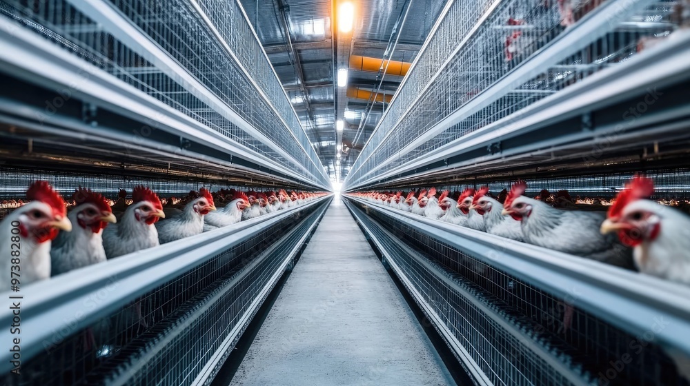 Large industrial chicken farm with rows of chickens in spacious cages Large industrial chicken farm with rows of chickens in spacious cages