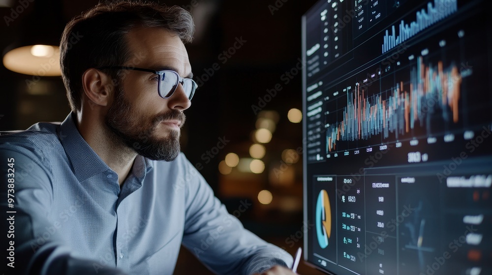 Fototapeta premium Modern Business Manager Analyzing Economic Data in Stylish Office Setting with Charts and Graphs on Large Screen