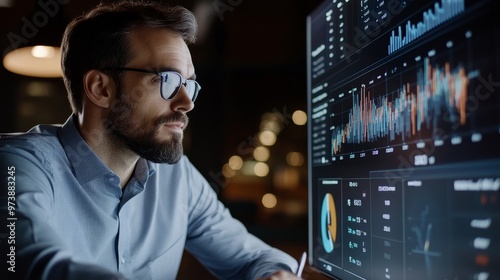 Modern Business Manager Analyzing Economic Data in Stylish Office Setting with Charts and Graphs on Large Screen