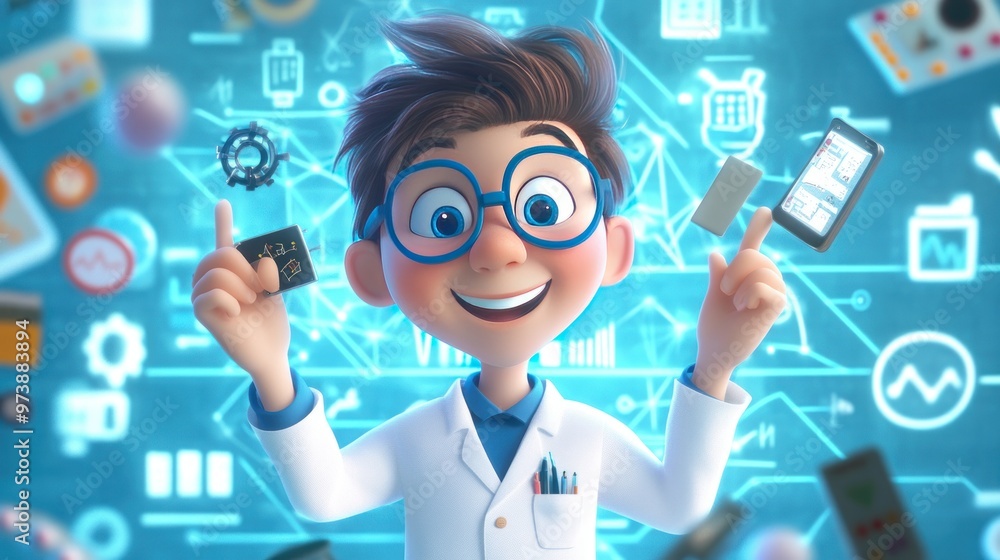 A cheerful young scientist in a lab coat surrounded by technology and scientific symbols. A cheerful young scientist in a lab coat surrounded by technology and scientific symbols.