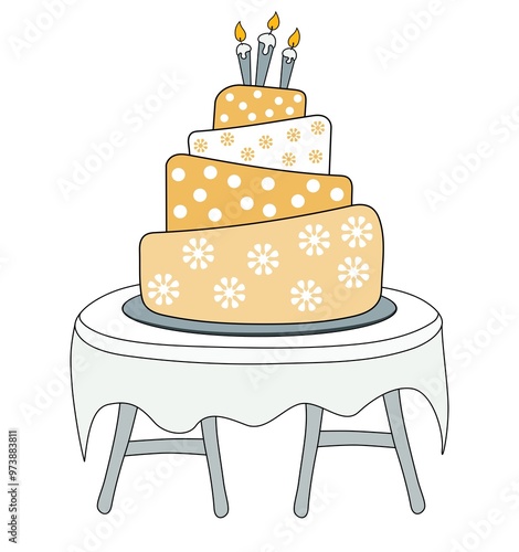 Birthday cake with candle on it. Dessert for birthday celebration on the table. Isolated on white