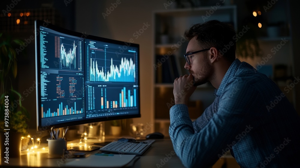 Dedicated Financial Analyst Analyzing Market Trends Late in Office with Focused Atmosphere and Dim Lighting Dedicated Financial Analyst Analyzing Market Trends Late in Office with Focused Atmosphere and Dim Lighting