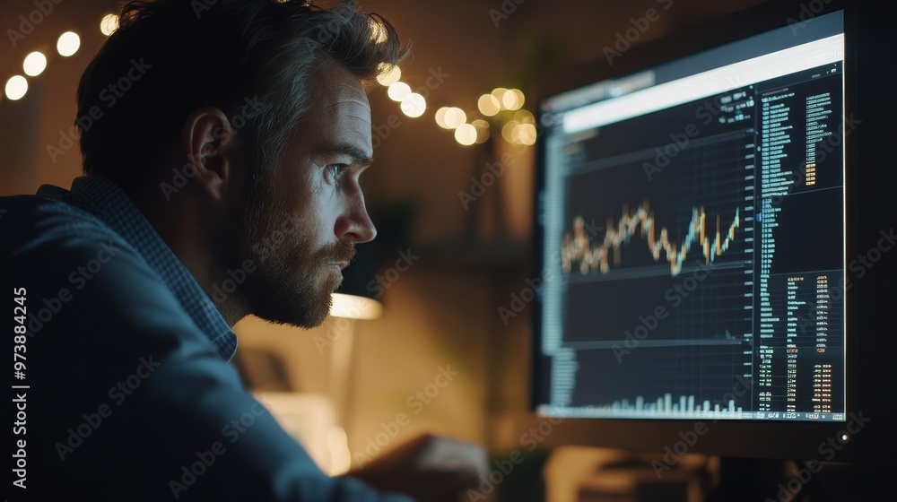 Dedicated Financial Analyst Analyzing Market Trends Late at Night in Dimly Lit Office Environment Dedicated Financial Analyst Analyzing Market Trends Late at Night in Dimly Lit Office Environment