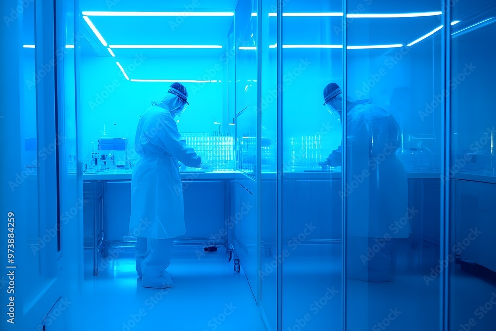 A man in a lab coat is working in a room with blue lights A man in a lab coat is working in a room with blue lights