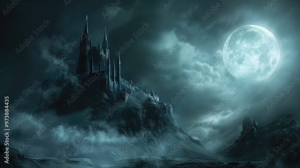Fototapeta premium Gothic castle under full moon with rolling fog on Halloween night