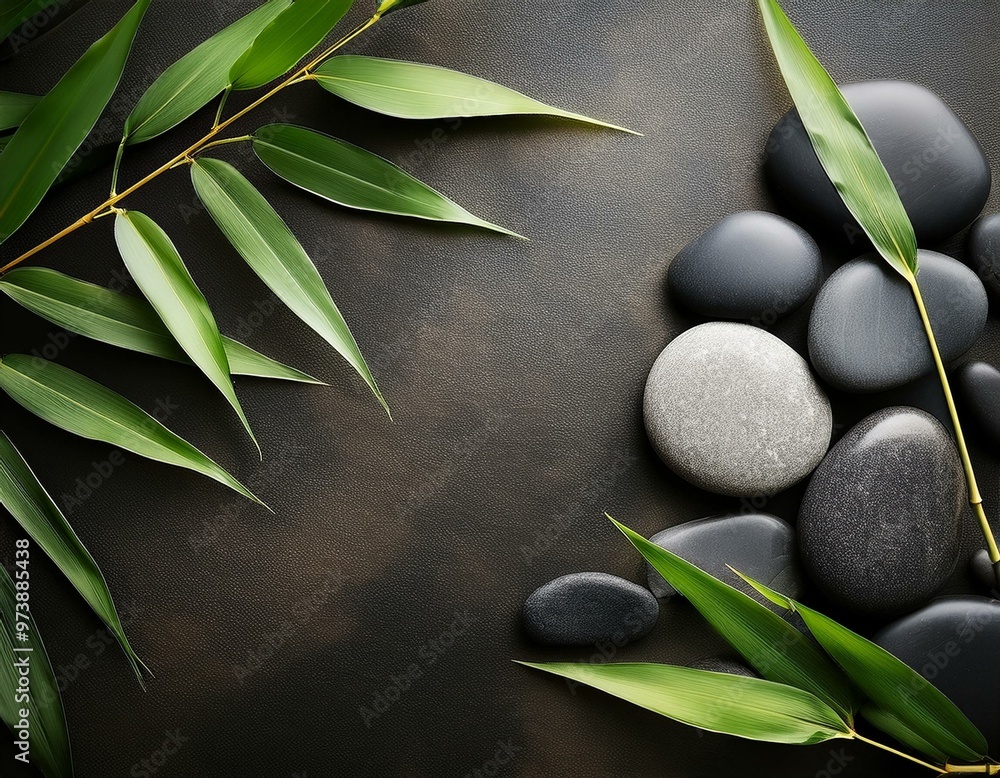 Fotografiet, Poster Smooth zen stones and vibrant green bamboo leaves  arranged on a textured dark background, evoking tranquility and natural  harmony, Suchada på Europosters.se