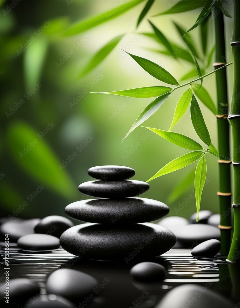 Zen arrangement of smooth black stones stacked in water, surrounded by bamboo leaves, creating a serene and meditative ambiance. Zen arrangement of smooth black stones stacked in water, surrounded by bamboo leaves, creating a serene and meditative ambiance.