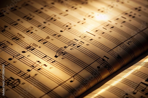 A pristine, empty music sheet with staves and lines, awaiting creative expression, illuminated by a soft, warm light,