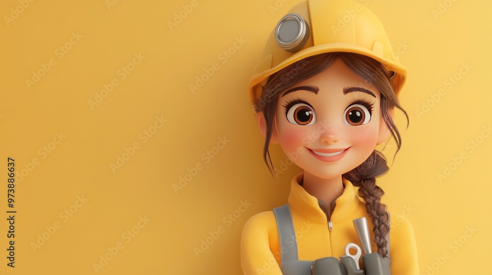A cheerful female character in a construction outfit and helmet against a yellow background. A cheerful female character in a construction outfit and helmet against a yellow background.