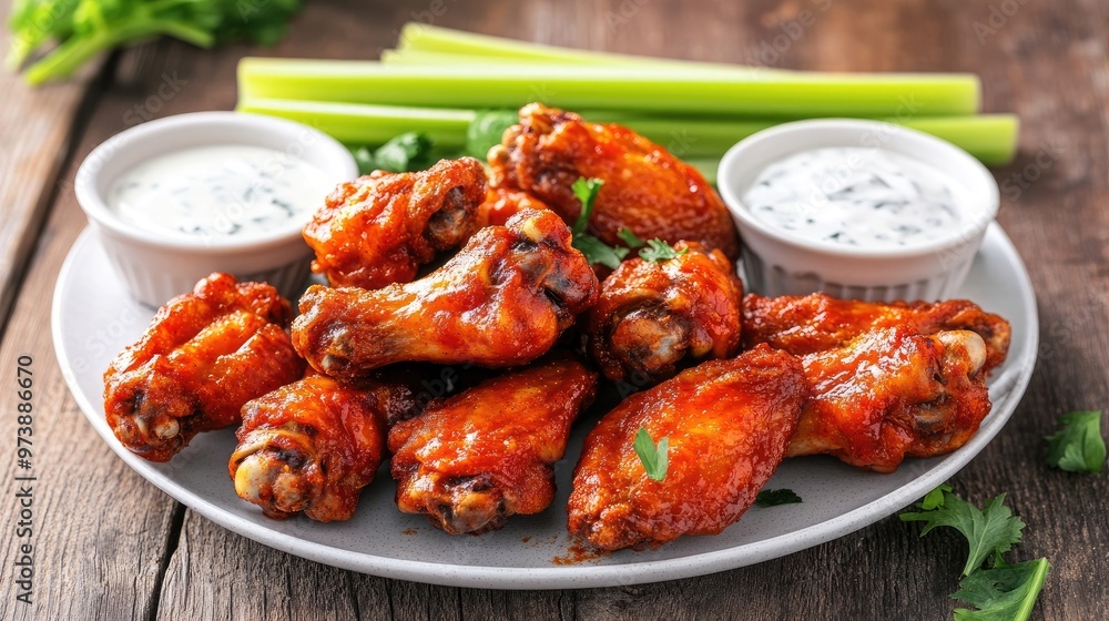 Plate of spicy chicken wings with dipping sauces and celery sticks Plate of spicy chicken wings with dipping sauces and celery sticks