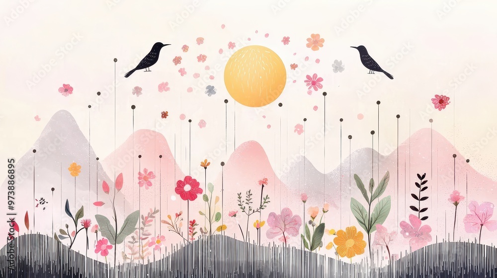 Obraz premium Abstract Watercolor Floral Landscape with Birds and Sun