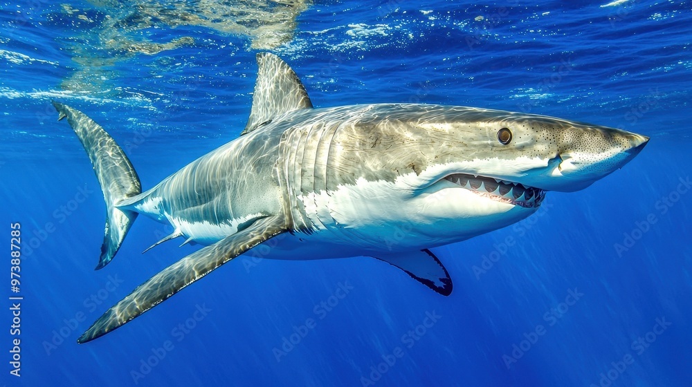 Naklejka premium Great White Shark Underwater Ocean Predator Jaws Open Teeth Blue Water