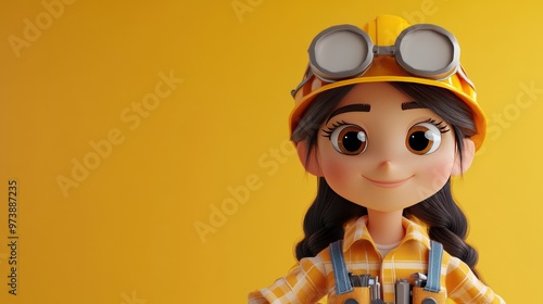 A cheerful animated character in a construction outfit with a hard hat and goggles.