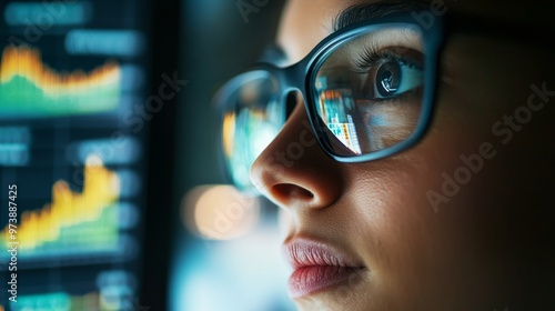 Analyzing Financial Data: Close-up of Analyst with Graphs and Charts Reflected in Glasses in Late Night Office Setting