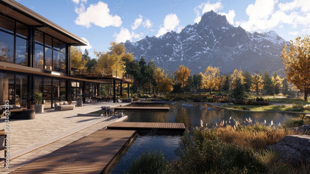 Modern House with Mountain Views and Pond in Autumn Modern House with Mountain Views and Pond in Autumn