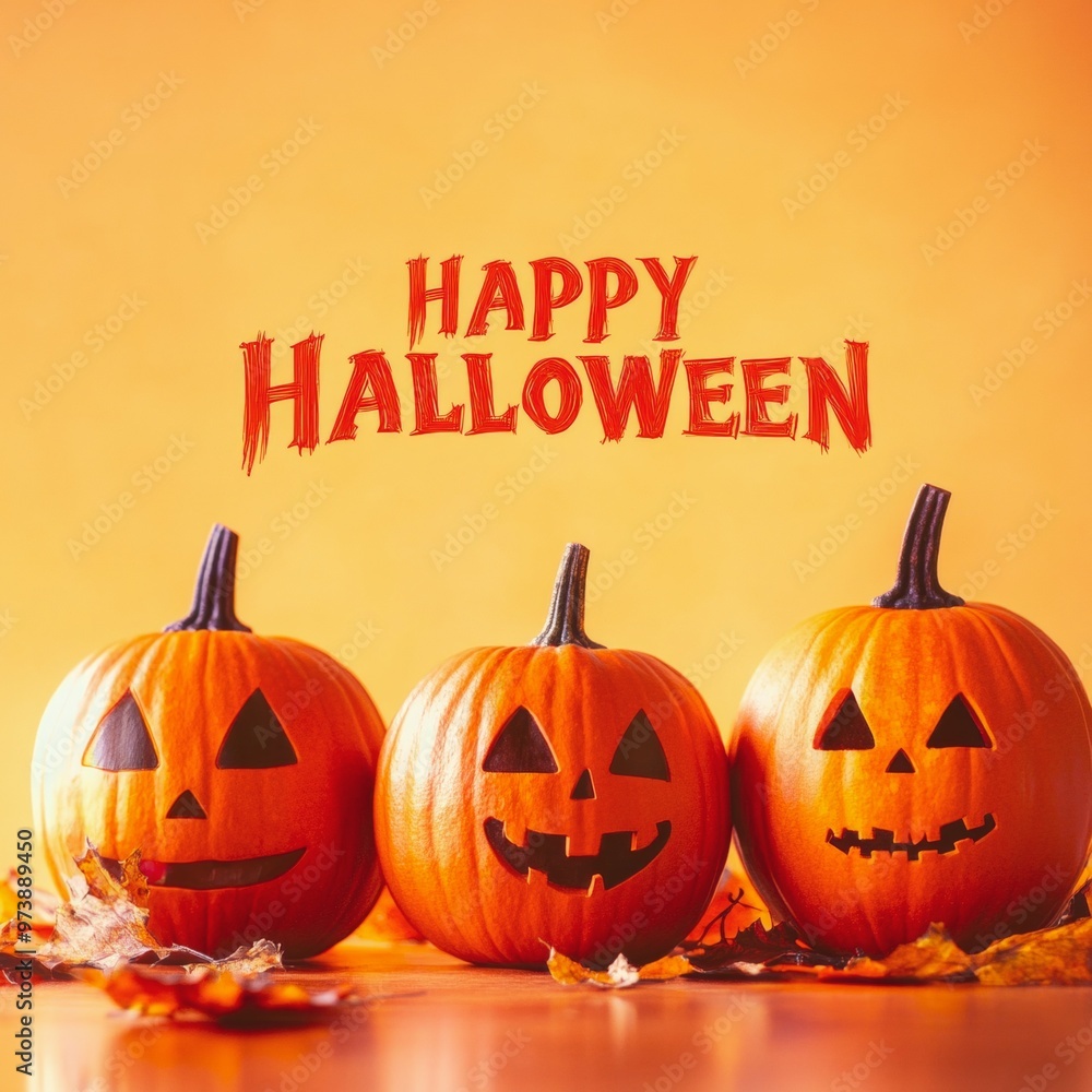 Three smiling jack-o-lanterns with a Happy Halloween message on a bright orange background, surrounded by autumn leaves. Three smiling jack-o-lanterns with a Happy Halloween message on a bright orange background, surrounded by autumn leaves.