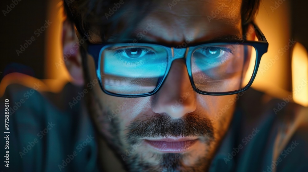 Close up view of focused businessman wears computer glasses for reducing eye strain blurred vision looking at pc screen with computer reflection using internet, reading, watching, working online late. Close up view of focused businessman wears computer glasses for reducing eye strain blurred vision looking at pc screen with computer reflection using internet, reading, watching, working online late.
