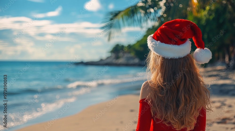 Obraz premium Girl in a Santa hat and red dress standing on a tropical beach, gazing at the sea, celebrating Christmas by the shoreline under the blue sky.