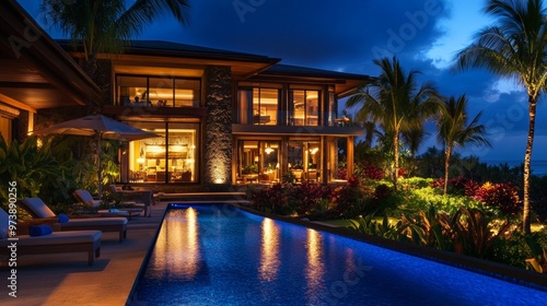 Luxury modern villa with a swimming pool illuminated at night, surrounded by tropical plants and palm trees.