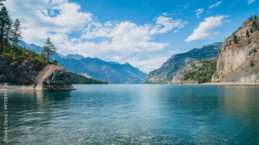 Calm lake surrounded by towering mountains and trees, with clear blue skies and peaceful waters. Calm lake surrounded by towering mountains and trees, with clear blue skies and peaceful waters.
